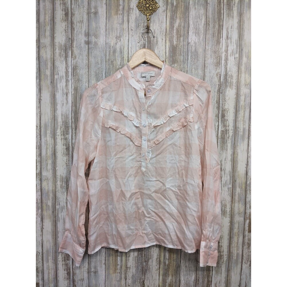 Lucky Brand Pink Elsa Plaid Popover Long Sleeve Shirt Button Ruffle Top Small